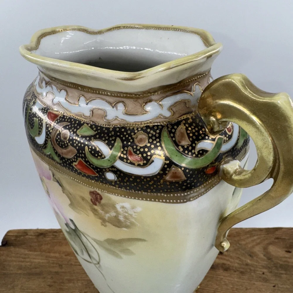 Vase Antique Nippon‎ Hand-Painted Porcelain w/Double Handle Floral Gold Gilt
